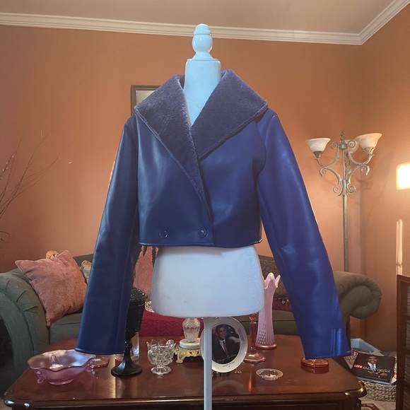 Blue Cropped Faux Leather/ Sherpa Leather Jacker - Picture 10 of 13